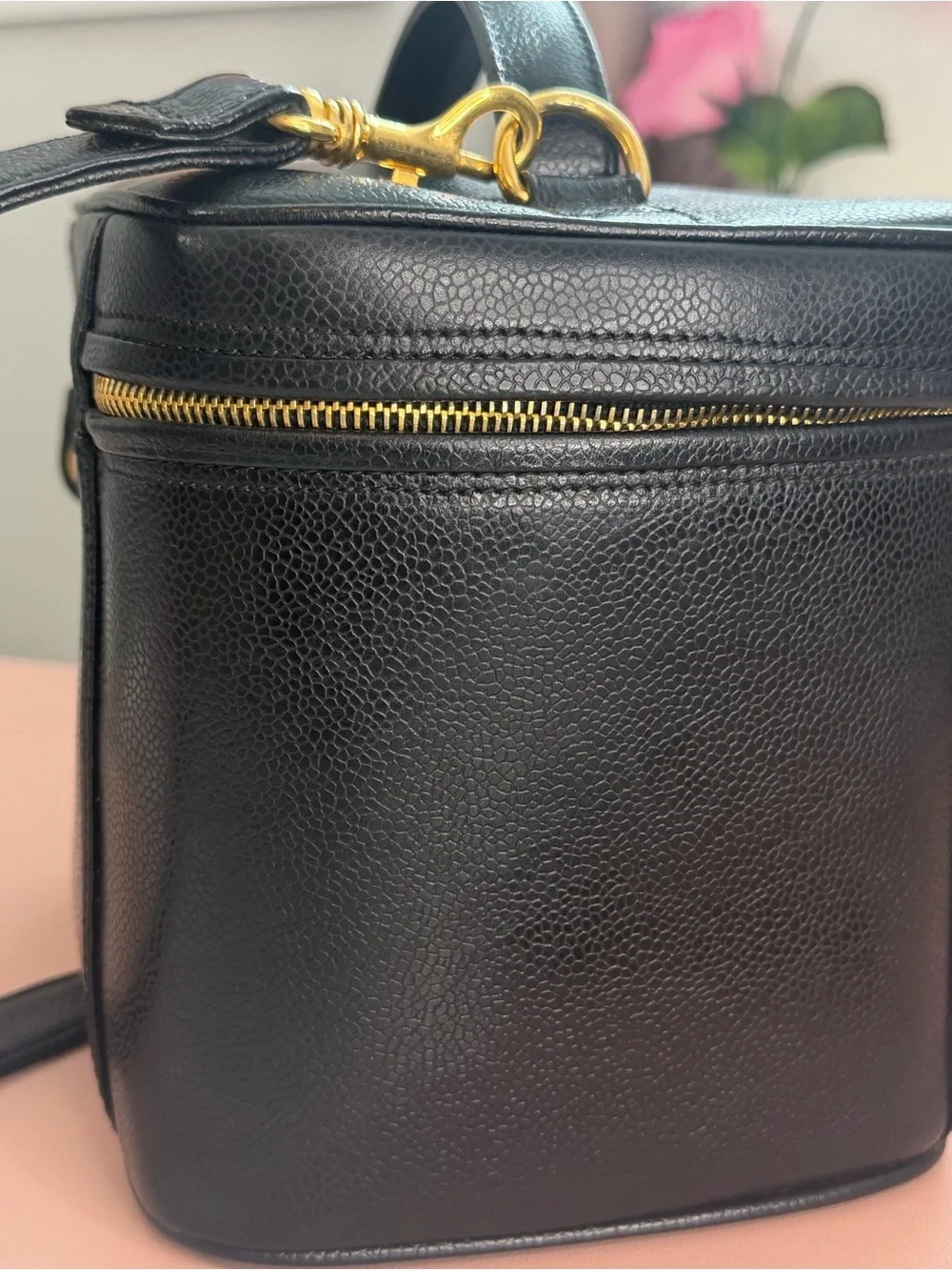Chanel Black Caviar Vanity Case Shoulder Bag with Gold Hardware Lock/Key